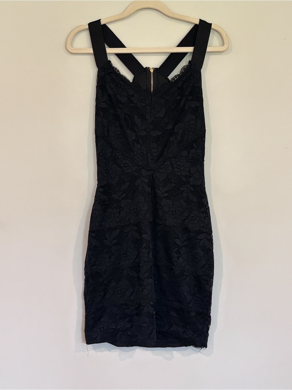 GUESS Black Lace Bodycon Mini Dress Cross Back Gold Zip Size S